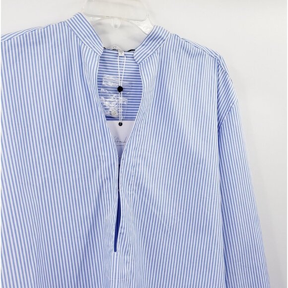 L'Academie High Low Popover Shirt Women M Blue White Stripe Long Tail Hook Front - Picture 2 of 9